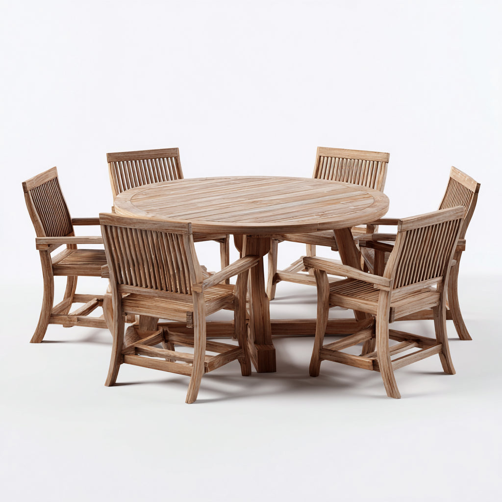 Conjuntos de comedor de jardín 150x150x75 cm - madera marrón con mesa redonda y 6 sillas - estilo natural para exterior