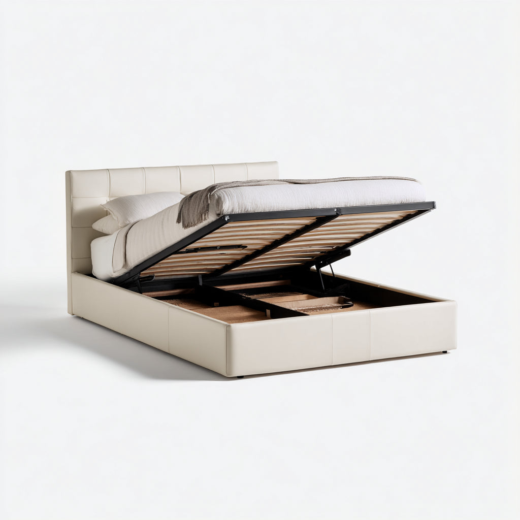Cama doble tapizada 200x160x110 cm - blanco - con almacenamiento
