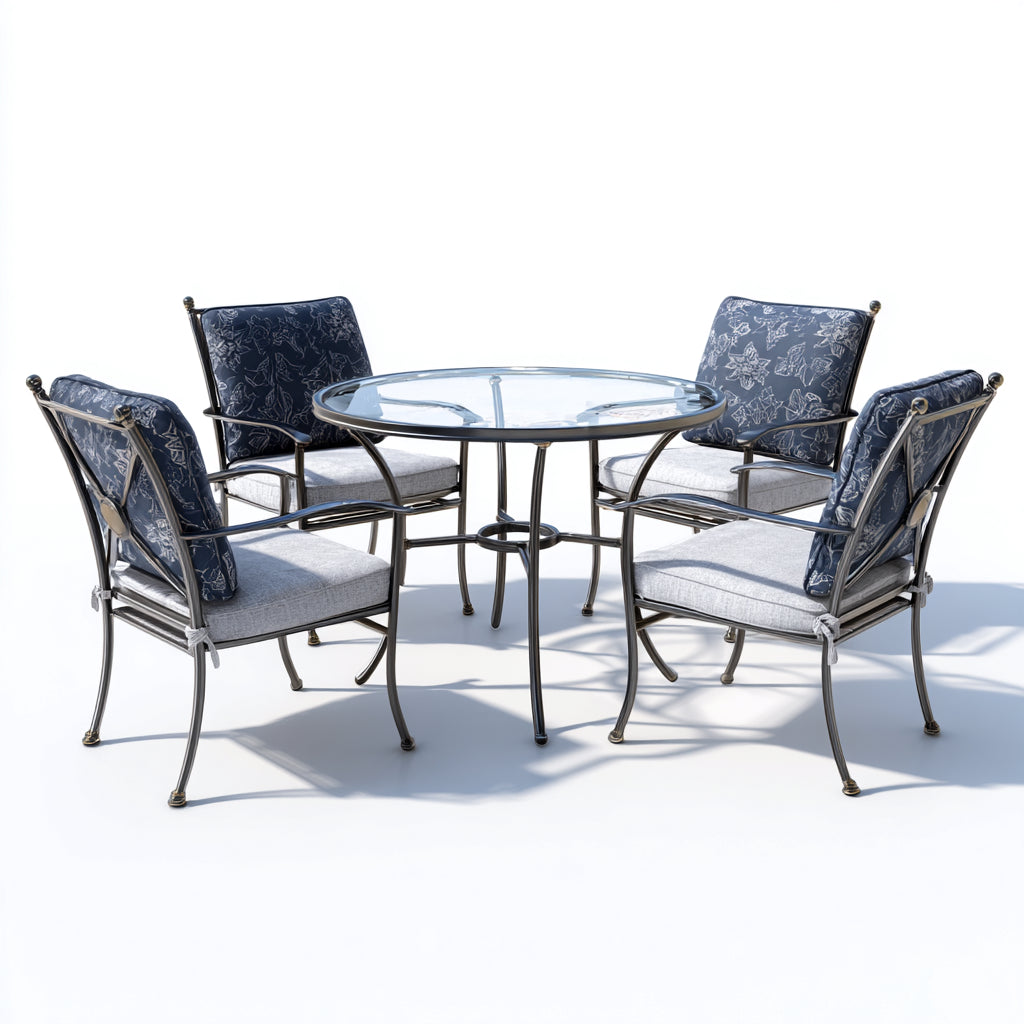 Conjunto de comedor de jardín 120x120x75 cm - metal gris-azul - estilo clásico con 4 sillas con cojines