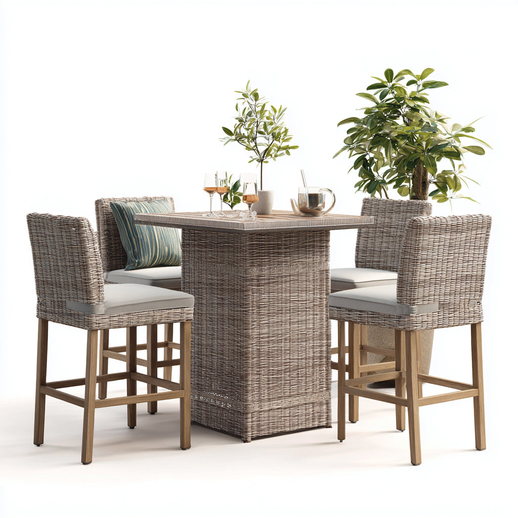 Conjuntos de comedor de jardín de ratán y madera 90x90x105 cm beige-gris - diseño moderno para exterior