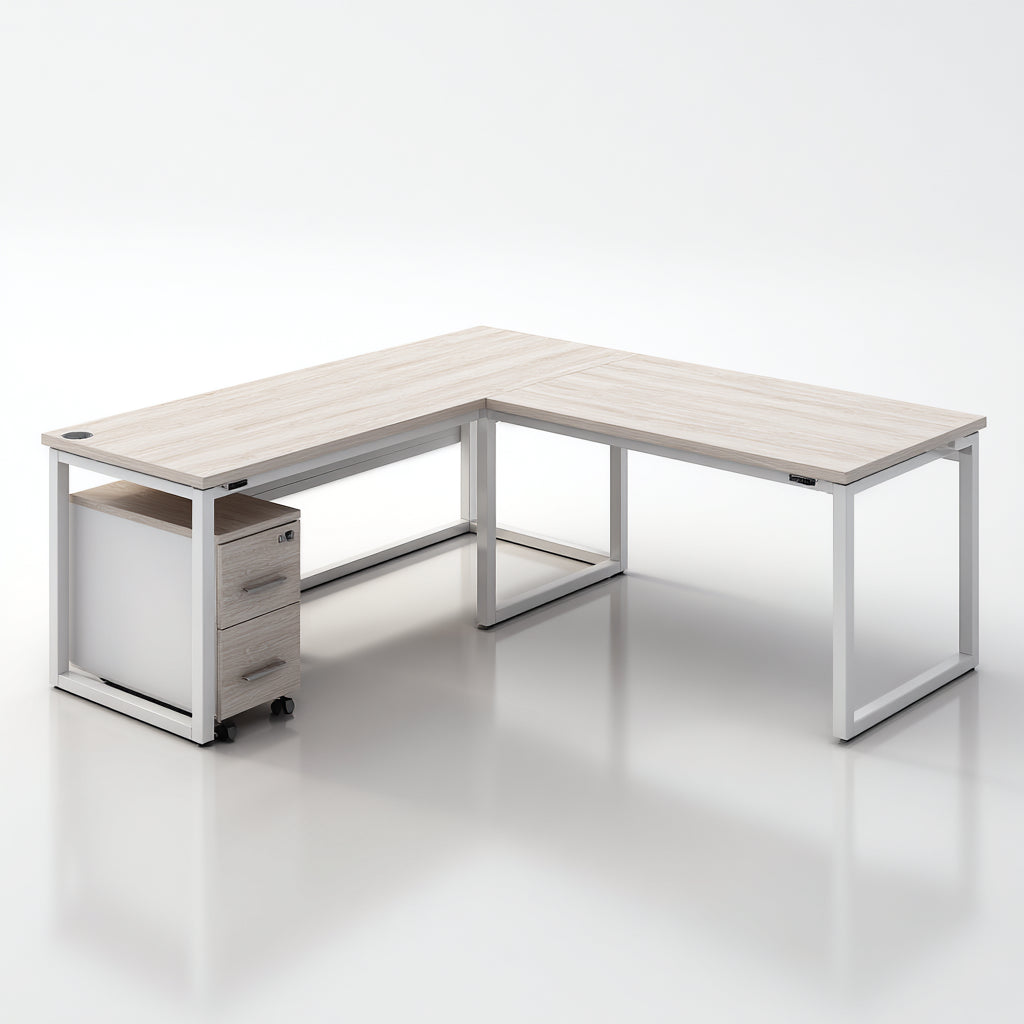 Mesas de oficina de madera y metal 180x160x75 cm beige-blanco - diseño en L con cajonera
