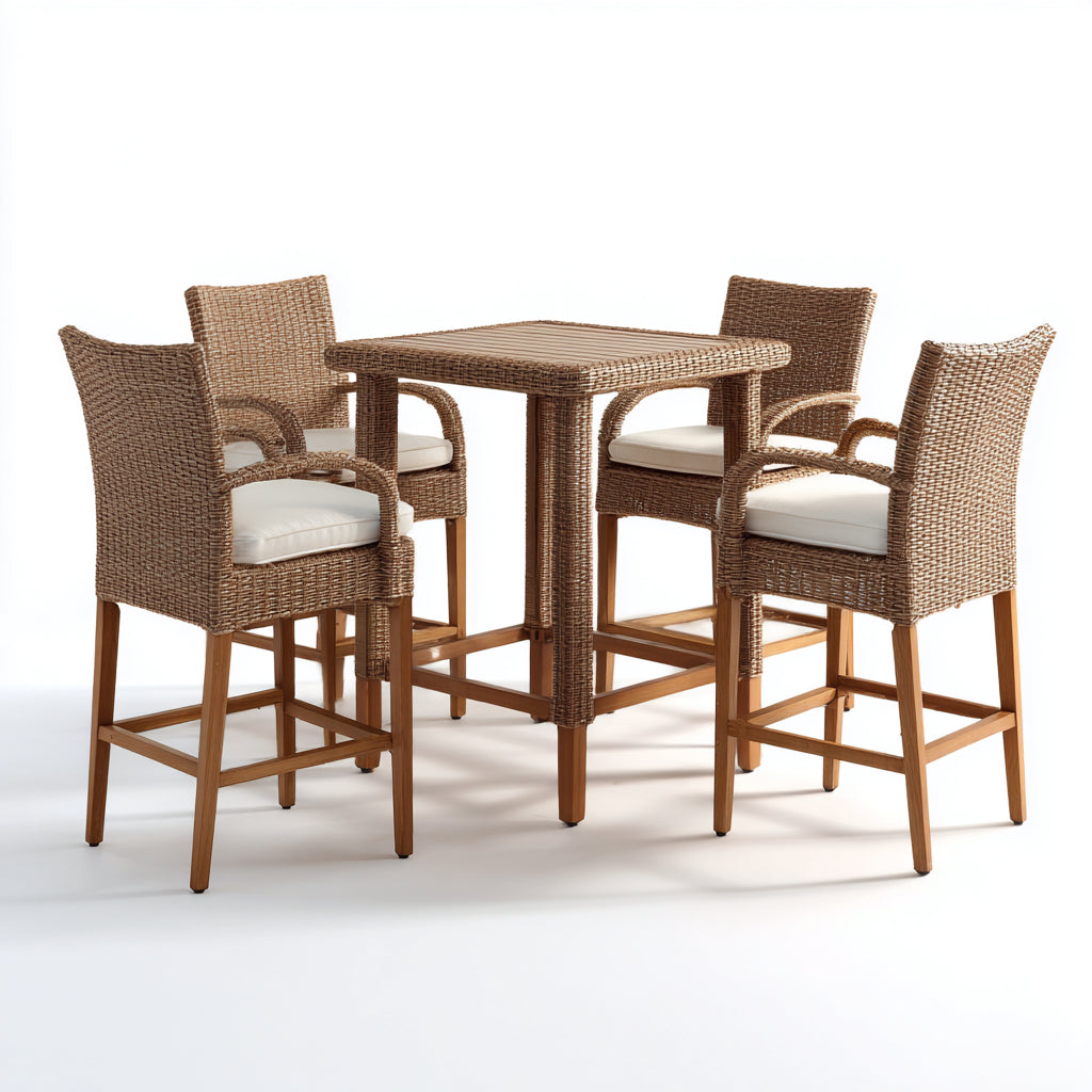 Conjuntos de comedor de jardín de ratán y madera 90x90x100 cm - Marrón-Beige - Estilo natural para exterior