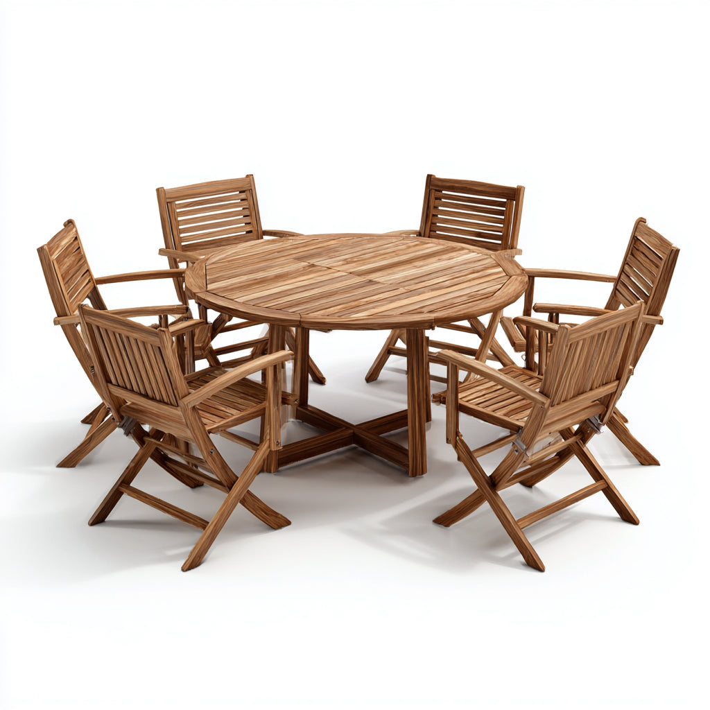 Conjunto de comedor de jardín 150x150x75 cm - madera de teca natural - estilo clásico con 6 sillas con brazos