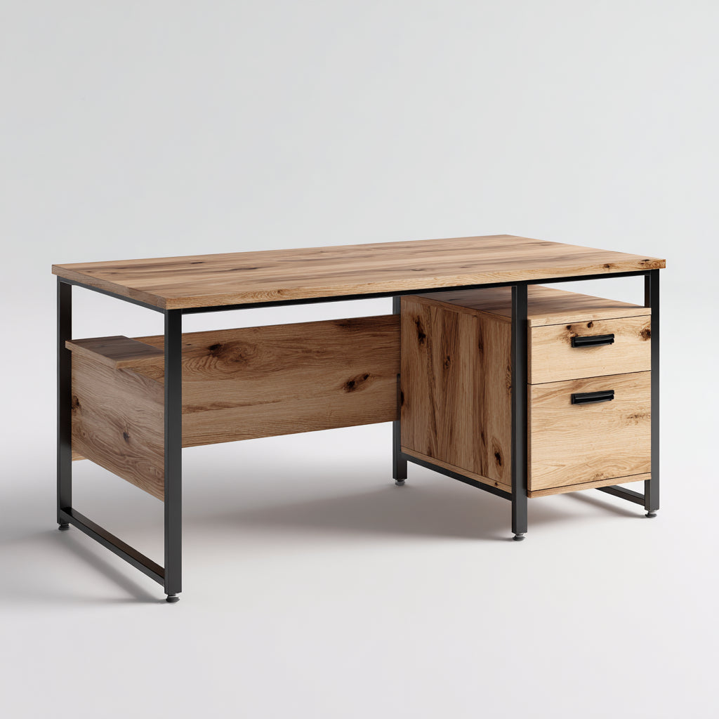 Mesas de oficina de madera y metal 160x70x75 cm marrón-negro - diseño industrial con cajones