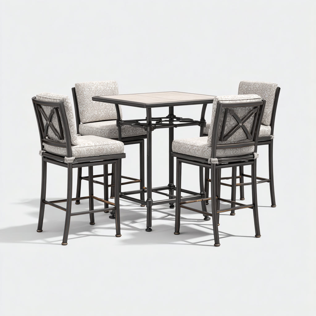 Conjuntos de comedor de jardín 90x90x95 cm - metal y superficie clara en negro y beige - diseño alto para exterior