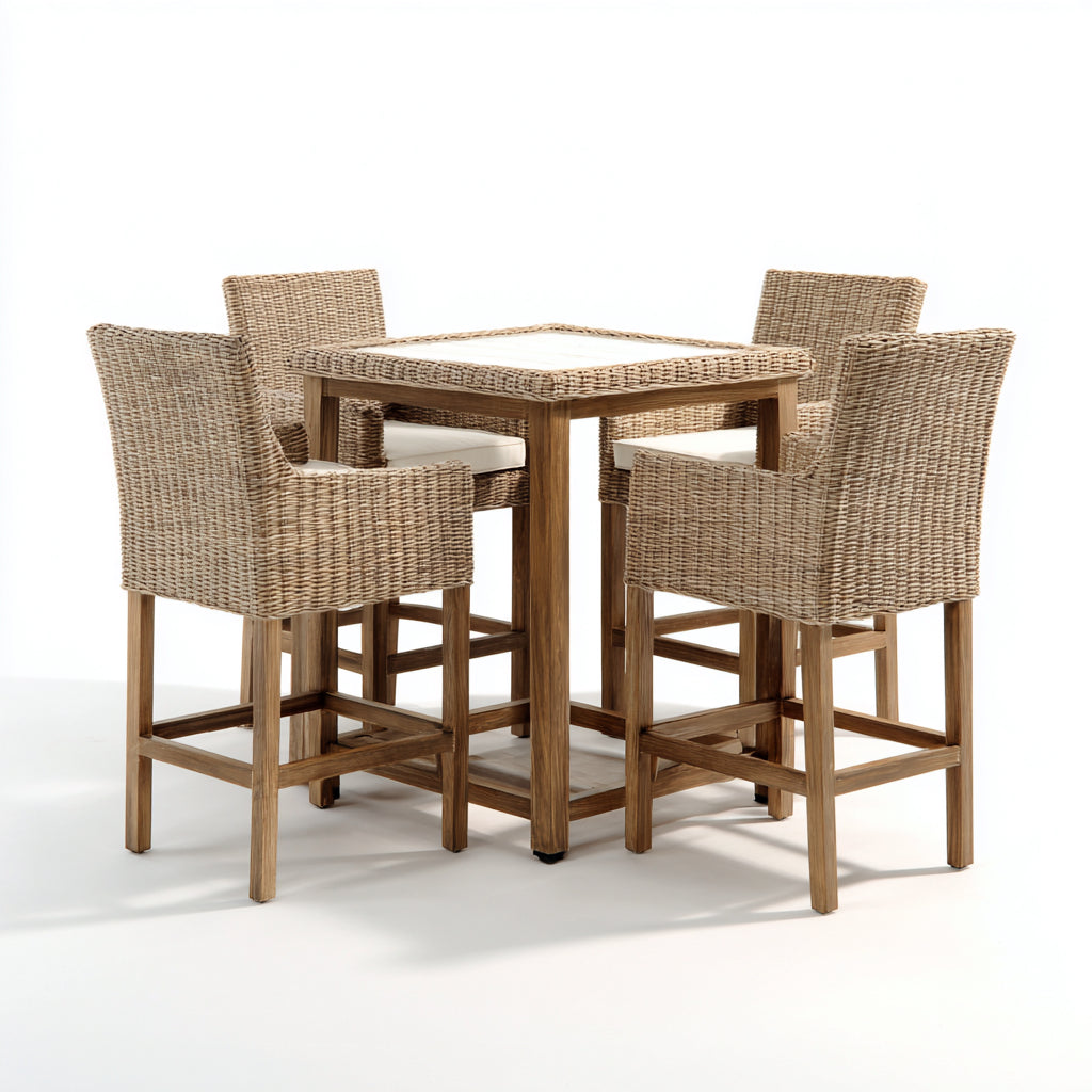 Conjuntos de comedor de jardín 90x90x105 cm - ratán beige con mesa alta y 4 sillas - estilo natural para exterior