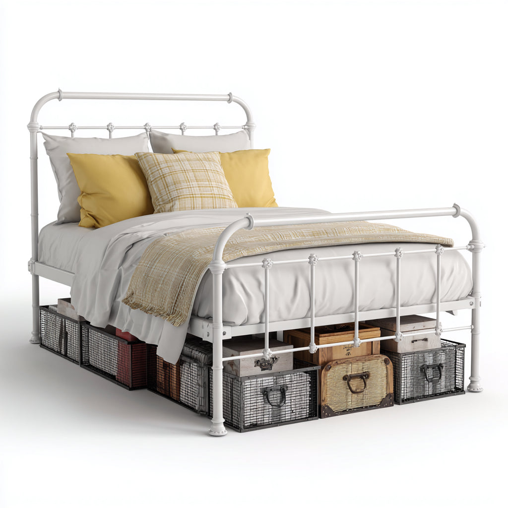Camas dobles de metal 210x160x115 cm blanco - diseño clásico con estructura elevada