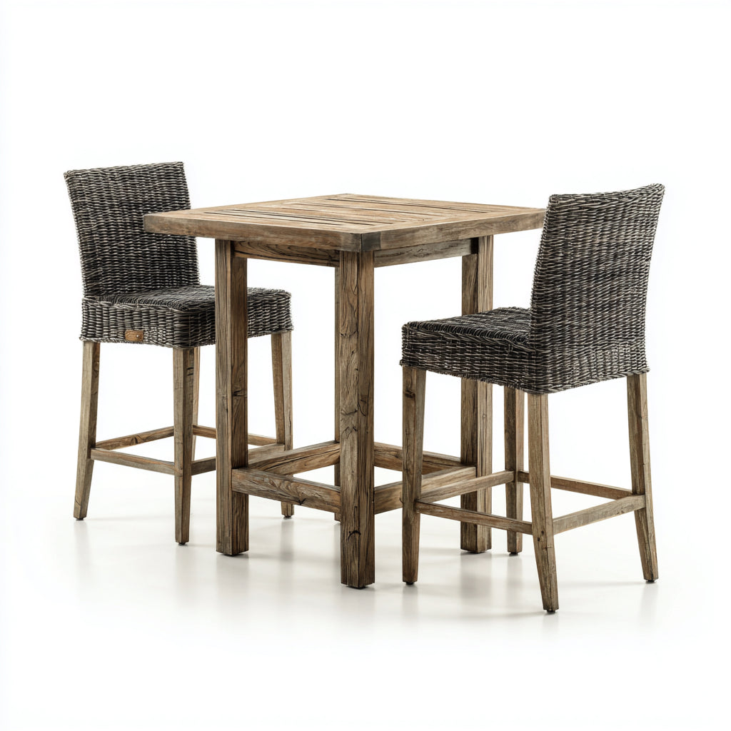 Conjuntos de comedor de jardín de madera y ratán 85x85x105 cm marrón-gris - diseño rústico para exterior