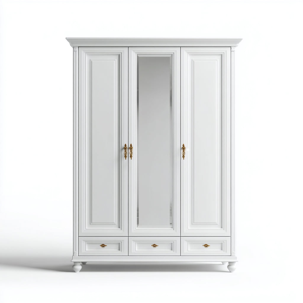 Armarios ropero 160x55x210 cm - madera blanca con espejo central - estilo clásico para dormitorio