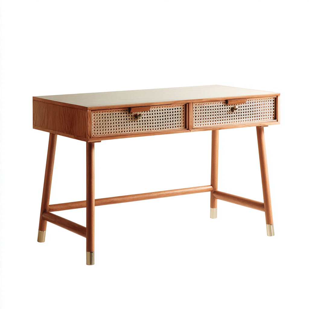 Mesas de oficina 110x55x78 cm - madera marrón con cajones de ratán - diseño natural para despacho