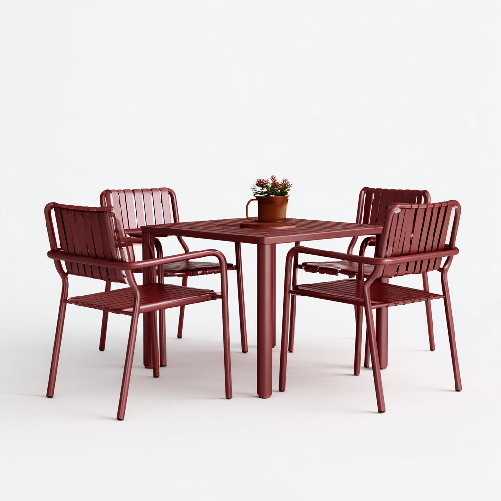 Conjuntos de comedor de jardín 90x90x74 cm - metal en rojo burdeos - diseño moderno para exterior
