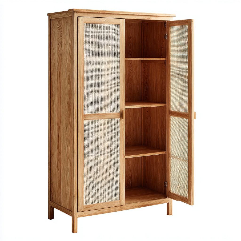 Armarios auxiliar 100x45x180 cm - madera marrón con puertas de ratán - estilo natural para dormitorio