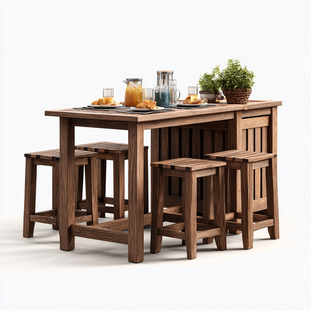 Conjunto de comedor de jardín 150x90x75 cm - madera natural - estilo rústico con 4 taburetes