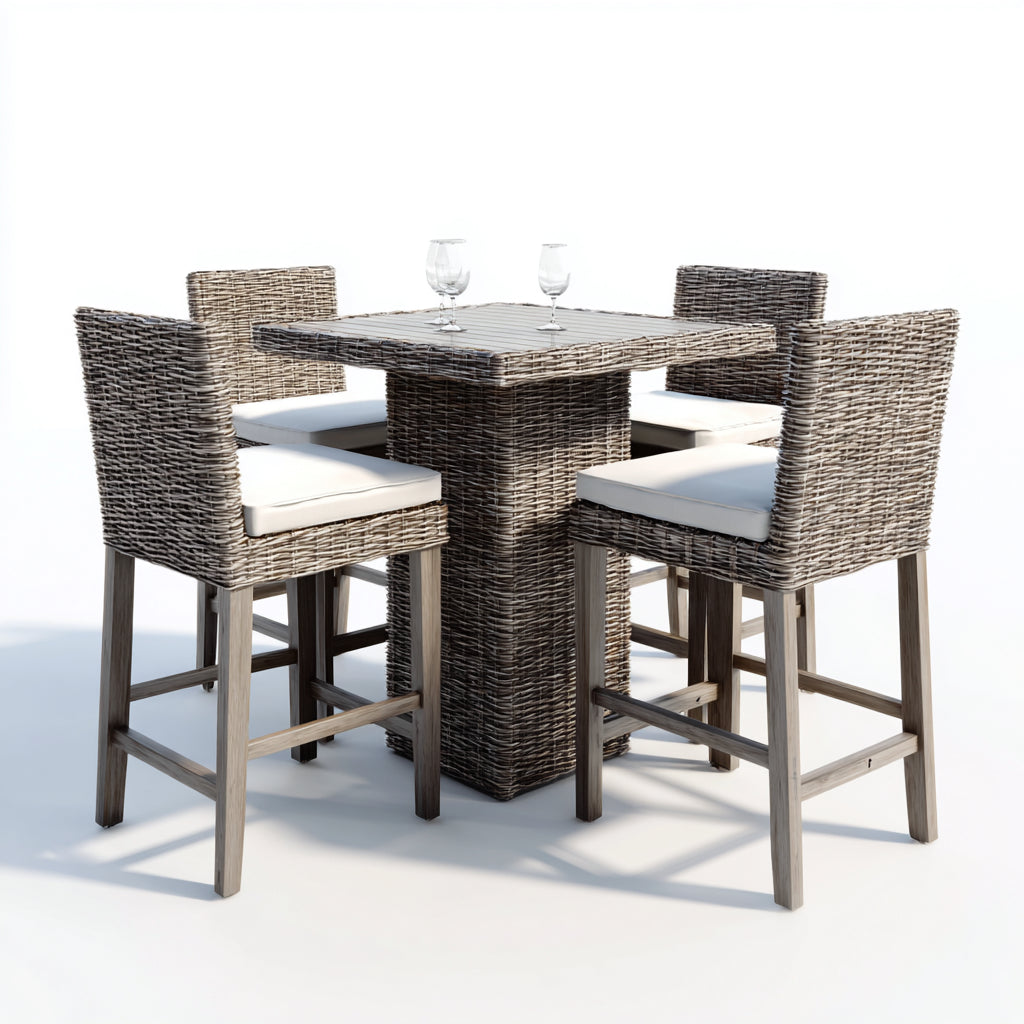 Conjuntos de comedor de jardín 90x90x105 cm - ratán marrón con mesa alta y 4 sillas - estilo natural para exterior