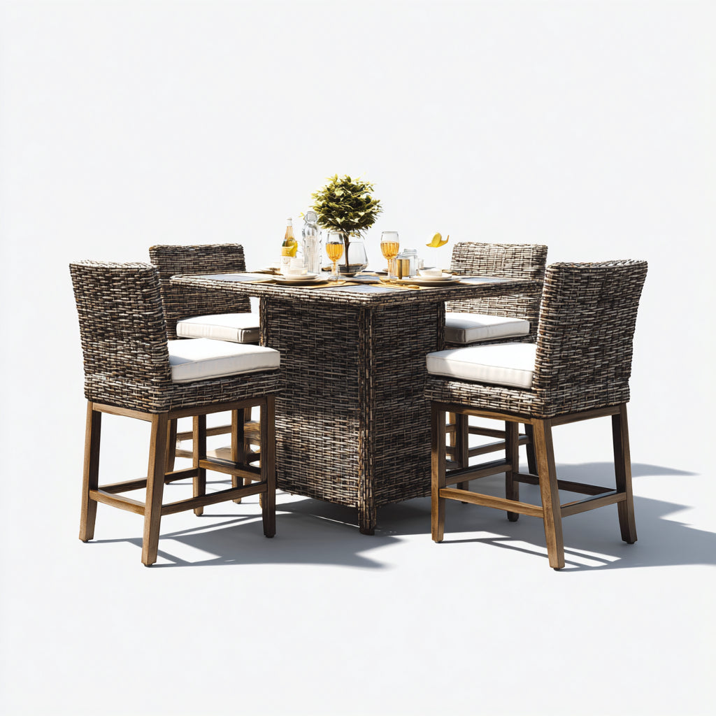 Conjuntos de comedor de jardín 95x95x95 cm - ratán y madera en marrón y beige - diseño alto para exterior