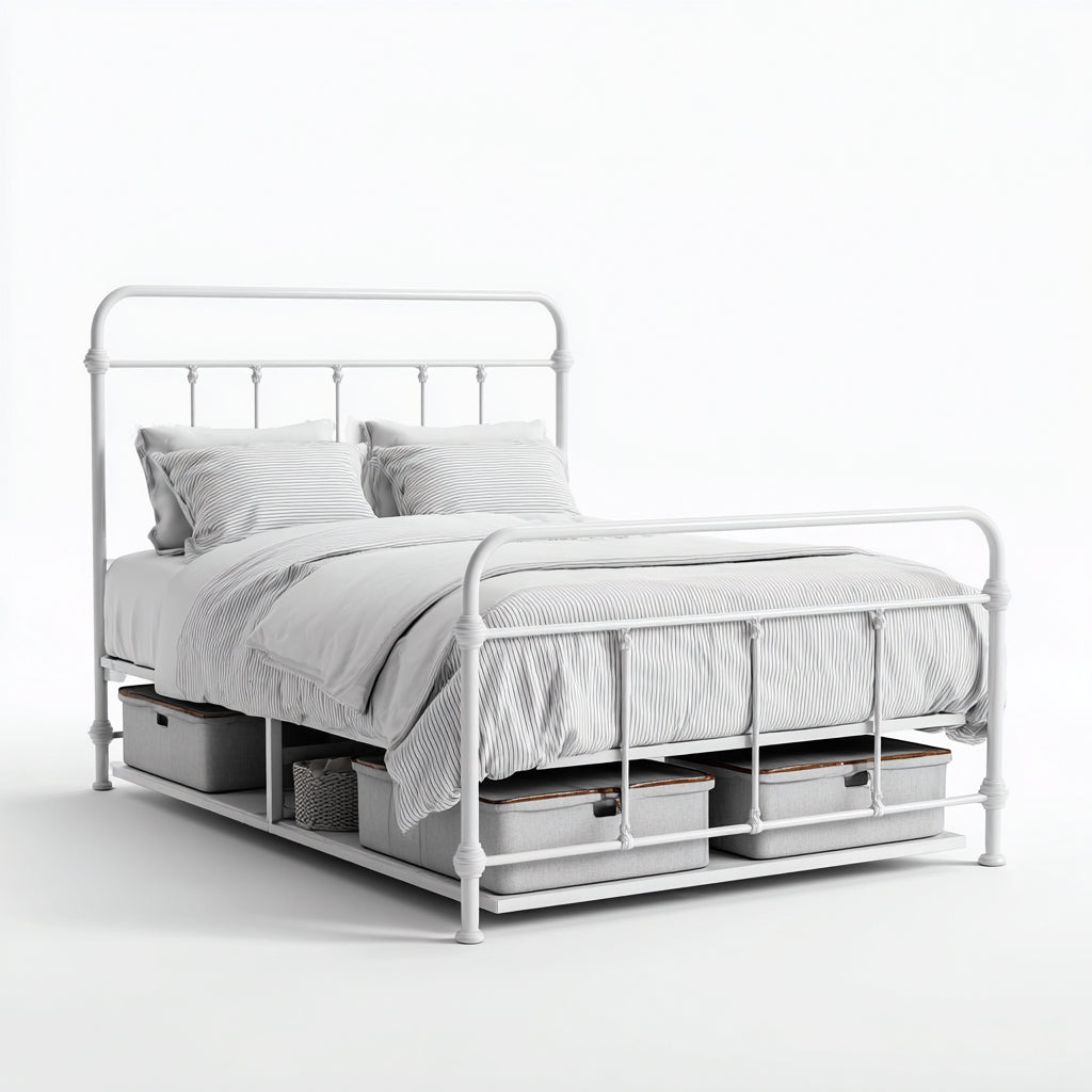 Camas dobles de metal 160x200 cm - Blanco - Estilo clásico con base elevada