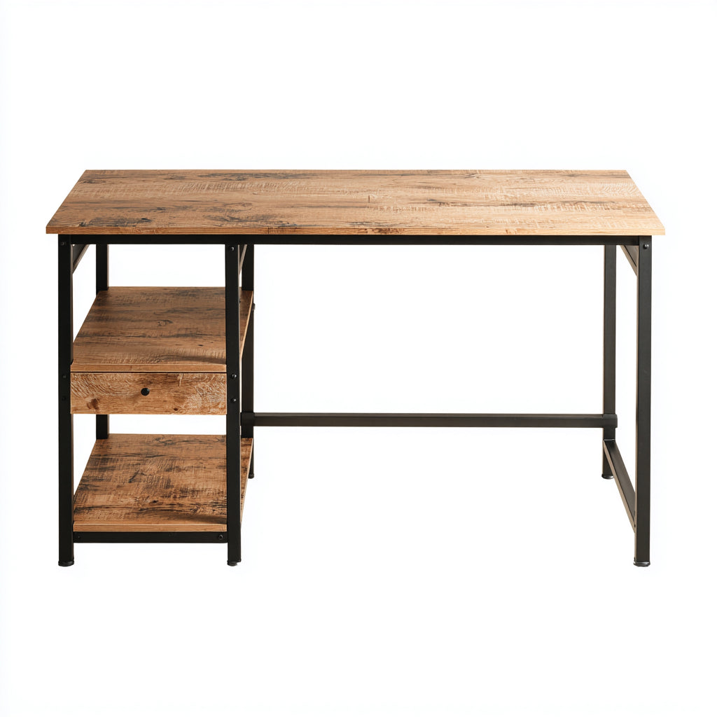 Mesas de oficina de madera y metal 140x60x75 cm - Marrón-Negro - Estilo industrial con cajón
