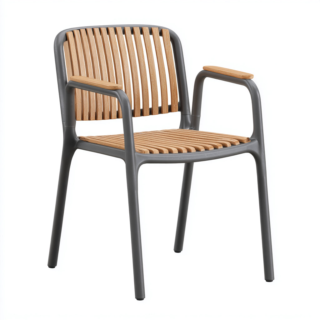 Sillas de jardín con reposabrazos de madera y plástico 58x56x82 cm - madera natural-gris - diseño moderno para exterior