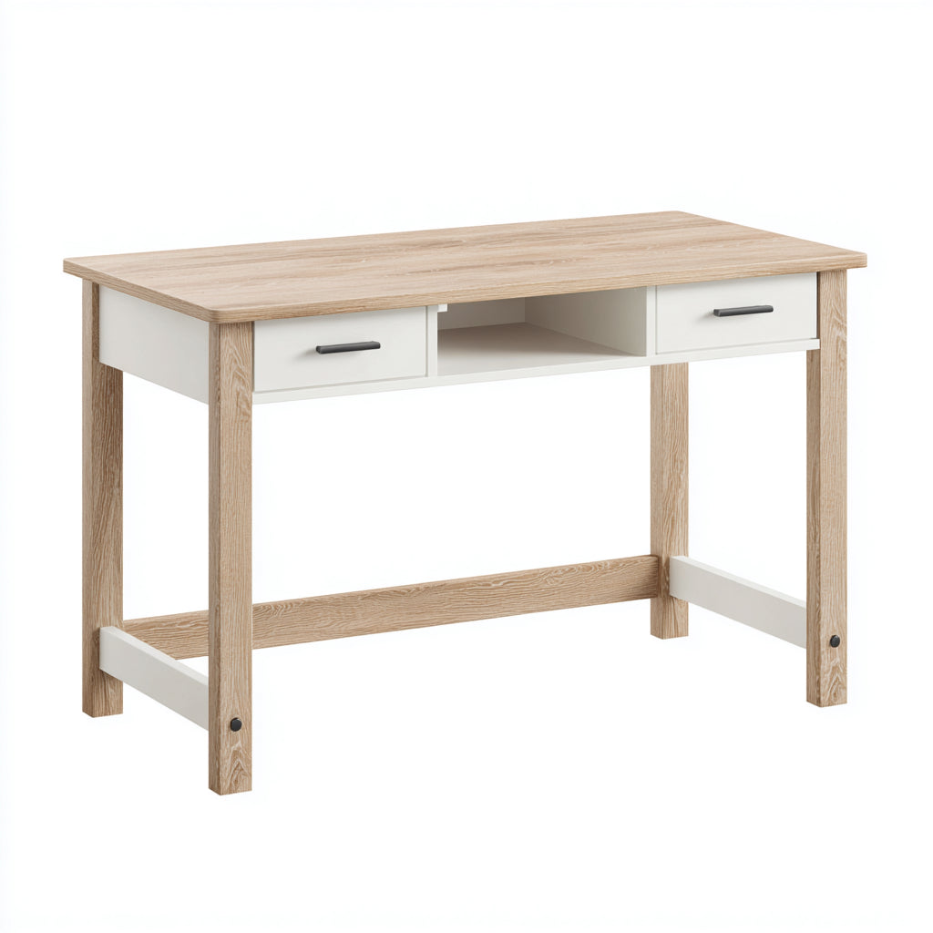 Mesa de oficina 120x60x75 cm - madera natural-blanco - estilo moderno con 2 cajones