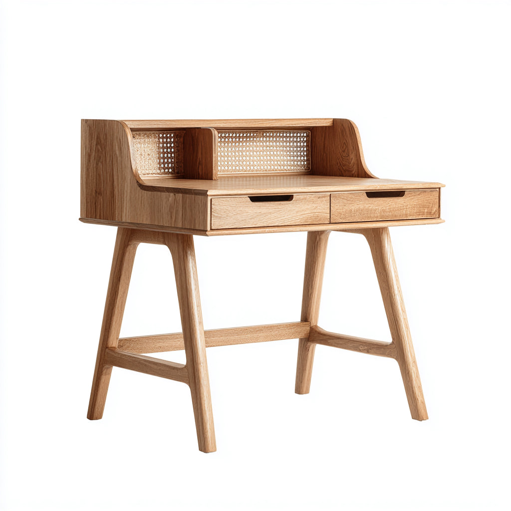 Mesas de oficina de madera y ratán 115x58x90 cm - Marrón - Estilo nórdico con 2 cajones
